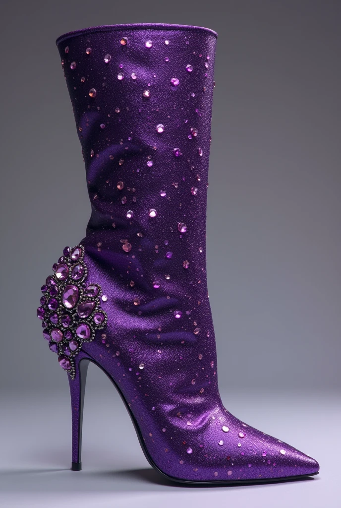 A violet-purple boot with a gradient of stones from bottom to top and a heel with stones. 