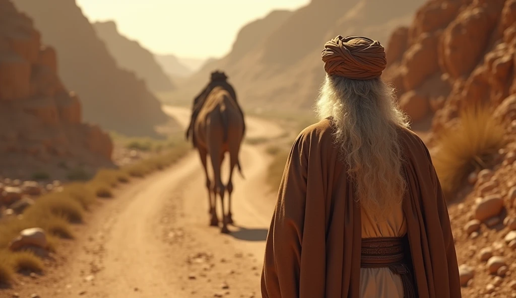 Certainly! Here's the description in English:
"A venerable scholar of religion, with a turban on his head, is traveling on a traditional path. The camera shot is from behind, so his face is not visible. He is accompanied by camel, and the scene evokes an old-world atmosphere."