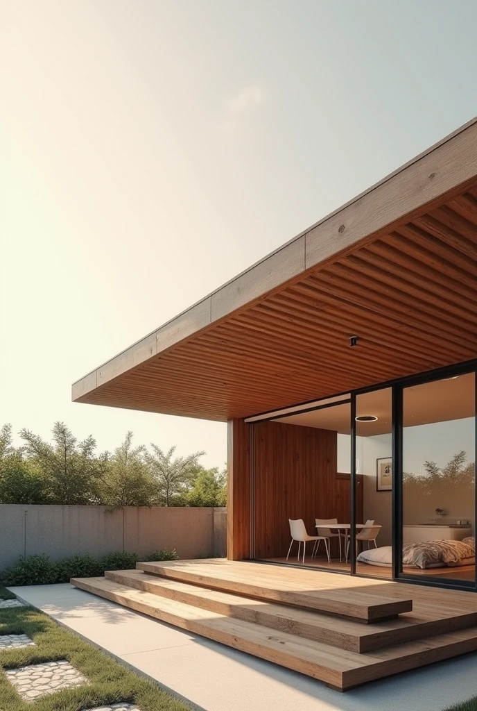 Create a visually striking Instagram post image featuring a modern roof design made of rich, natural wood. The wooden roof should be the central element of the image, showcasing its craftsmanship and texture. Incorporate the brand name 'Madetech's' into the scene, either as an elegant logo on the roof itself or as a subtle yet noticeable text overlay. The design should be clean, modern, and sophisticated, ideal for grabbing attention on social media.
