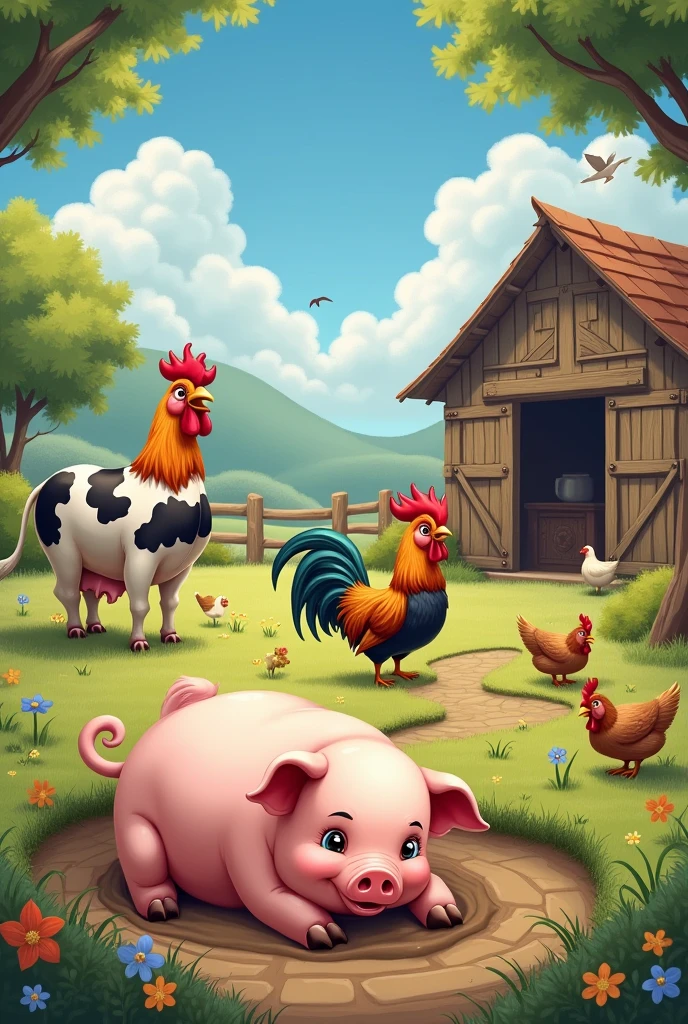a pig, a cow and a rooster in a farmyard