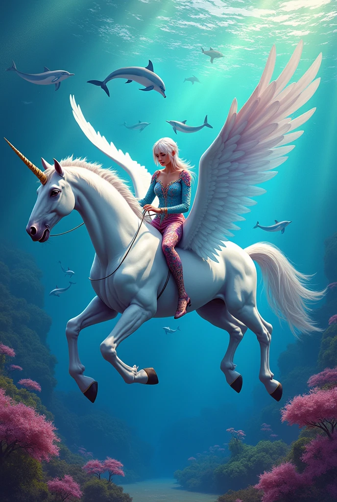 Create an image of 4 unicorns with wings in the sea with many colors and dolphins. A member of the Morat band will be riding on each unicorn. 