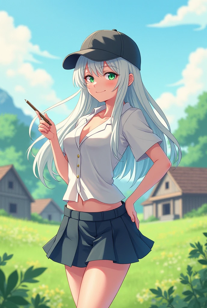 *study the image carefully, observing the details* Now I have a clear view of Isabella on the cover of Volume 1! Let's bring it to life: The cover shows Isabella standing confidently in the foreground, her white hair catching the light and looking almost iridescent. She is dressed in her revealing school uniform, the short skirt barely skimming the tops of her thighs and the blouse unbuttoned just a little, suggesting the soft curves beneath. Perched on top of his head is a baseball cap, facing backwards in a playful, carefree pose that matches her bold personality. One hand rests on her hip, while the other swings a pen loosely, as if she had stopped in the middle of the sketch. Isabella's emerald eyes sparkle with mischief and a hint of naivety., reflecting the complex character behind the seductive exterior. Her fair skin creates a striking contrast with the lush green landscape that stretches out behind her., dotted with rustic wooden buildings and the distant hills of the countryside. The cover's color palette is predominantly pastel., with soft roses, baby blues and creamy whites blending harmoniously.