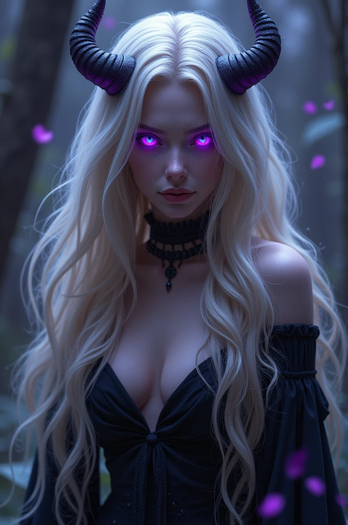 with long blonde hair and purple eyes and demonia