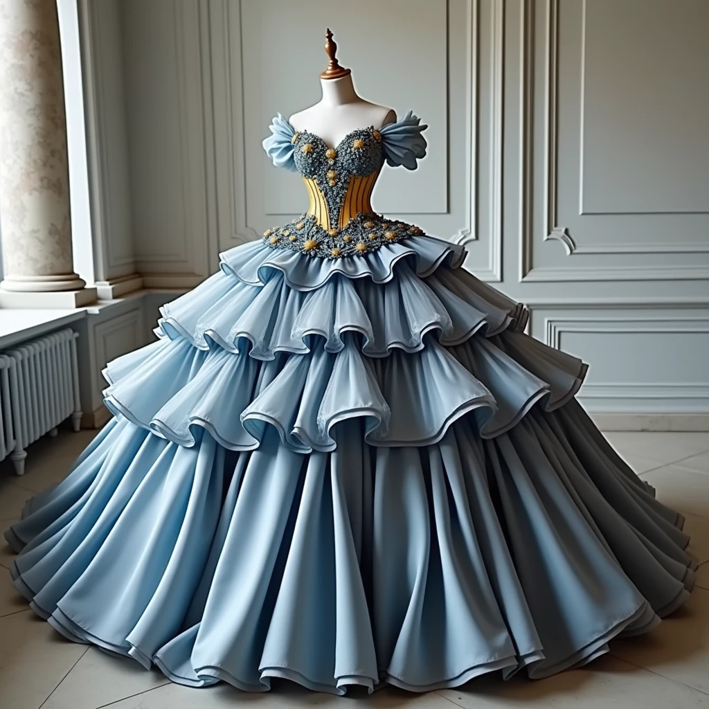 Glamorous short dress with a light blue tulle skirt and a yellow corset with lots of 3D flowers and rhinestones