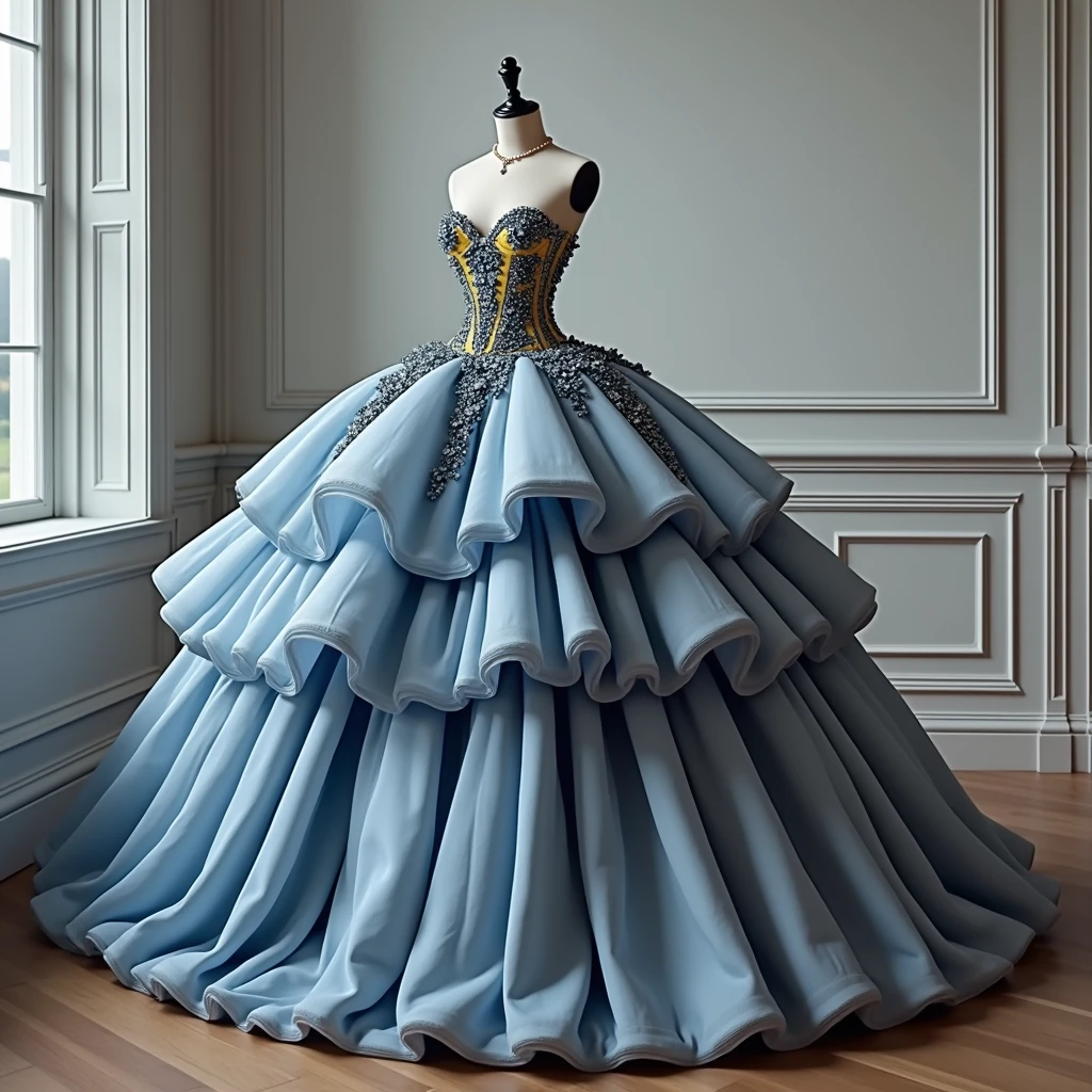 Glamorous short dress with a light blue tulle skirt and a yellow corset with lots of 3D flowers and rhinestones 