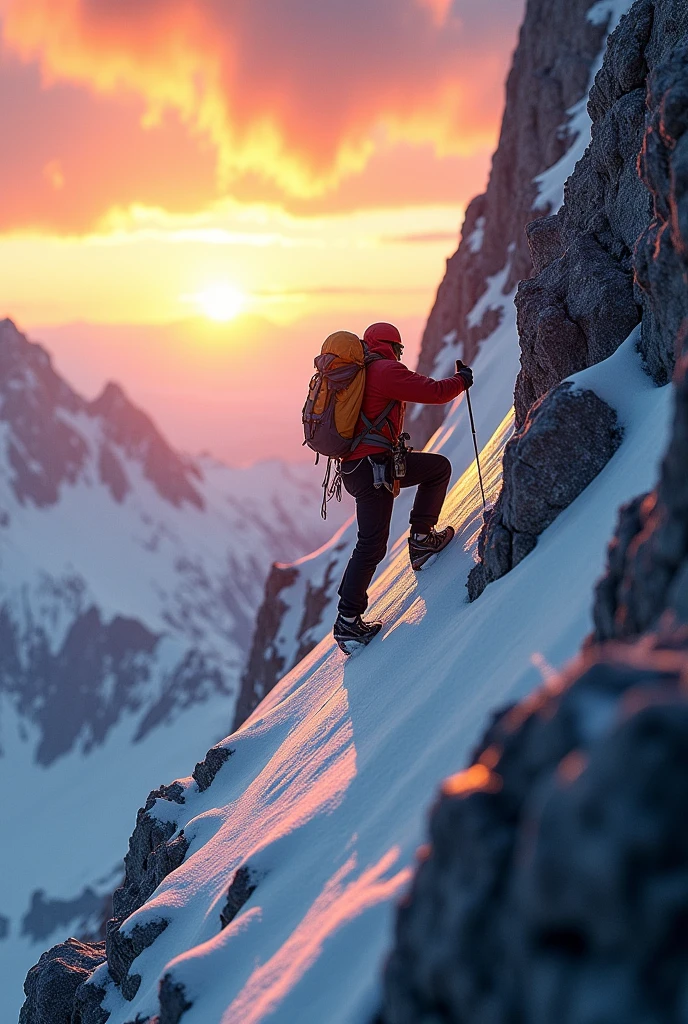 climber ascending a mountain at 3:00pm with bright colors seen from the side
