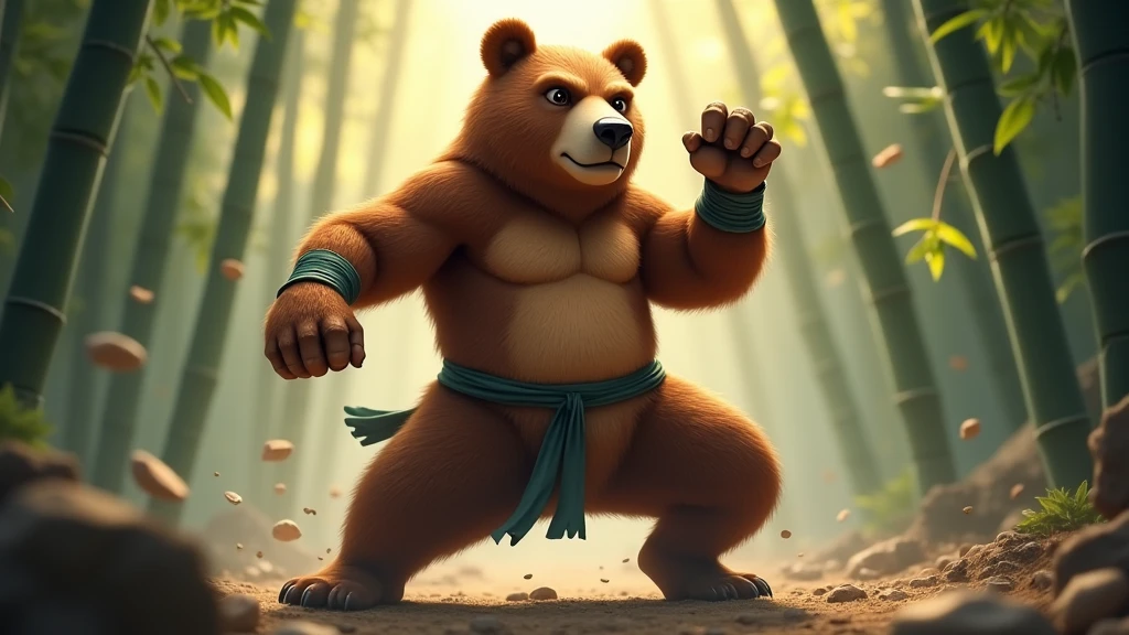 A powerful brown bear inspired by Kung Fu Panda, standing in a dynamic martial arts pose. The bear has a strong and muscular build, with expressive eyes that convey wisdom and determination. It's wearing traditional kung fu attire, with a sash around its waist and wristbands. The background features a serene bamboo forest with rays of sunlight filtering through the trees, adding to the mystical atmosphere. The bear's fur is rich brown, with subtle highlights that emphasize its strength and agility. 