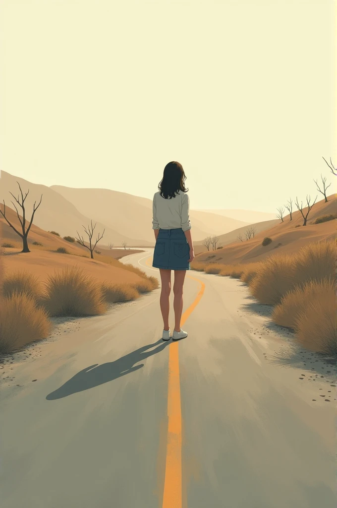 Please create a simple digital art where a girl is standing in the middle of the road. Please provide a philosophical view and make sure there is a meaning behind it