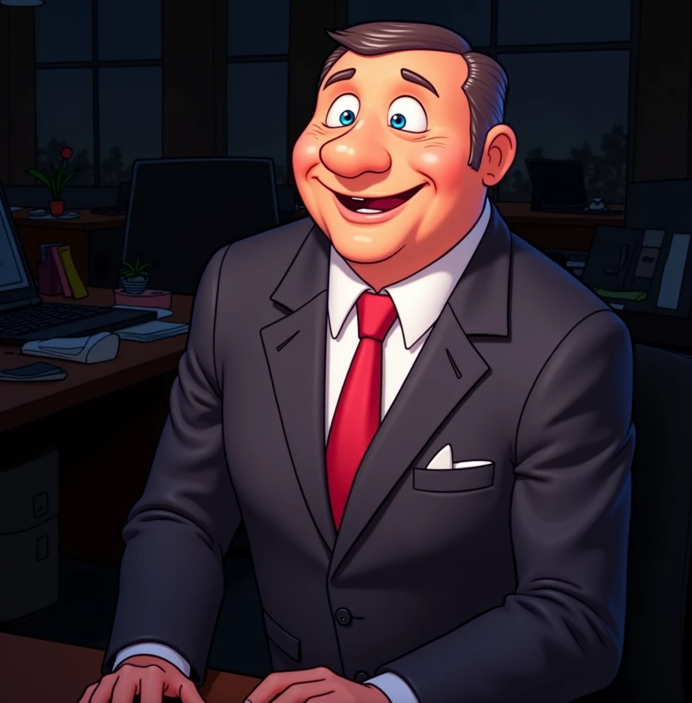 Disney's Pixar image of a man in a black suit, white shirt and red tie, working in the office.