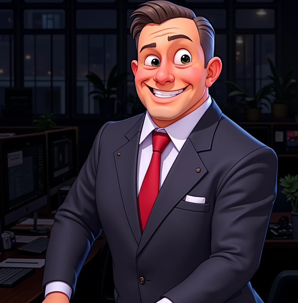 Disney's Pixar image of a man in a black suit, white shirt and red tie, working in the office.
