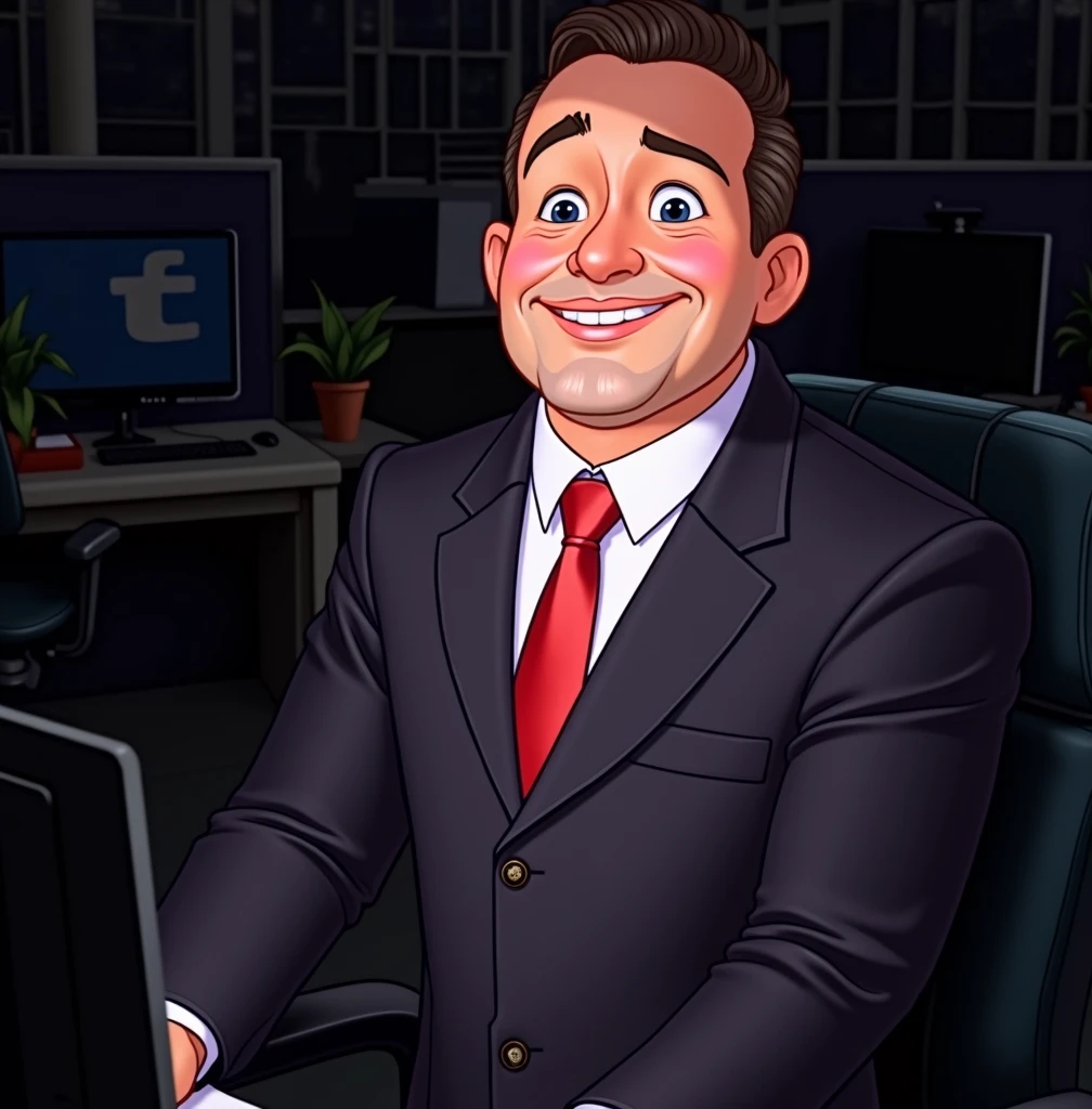 Disney's Pixar image of a man in a black suit, white shirt and red tie, working in the office.