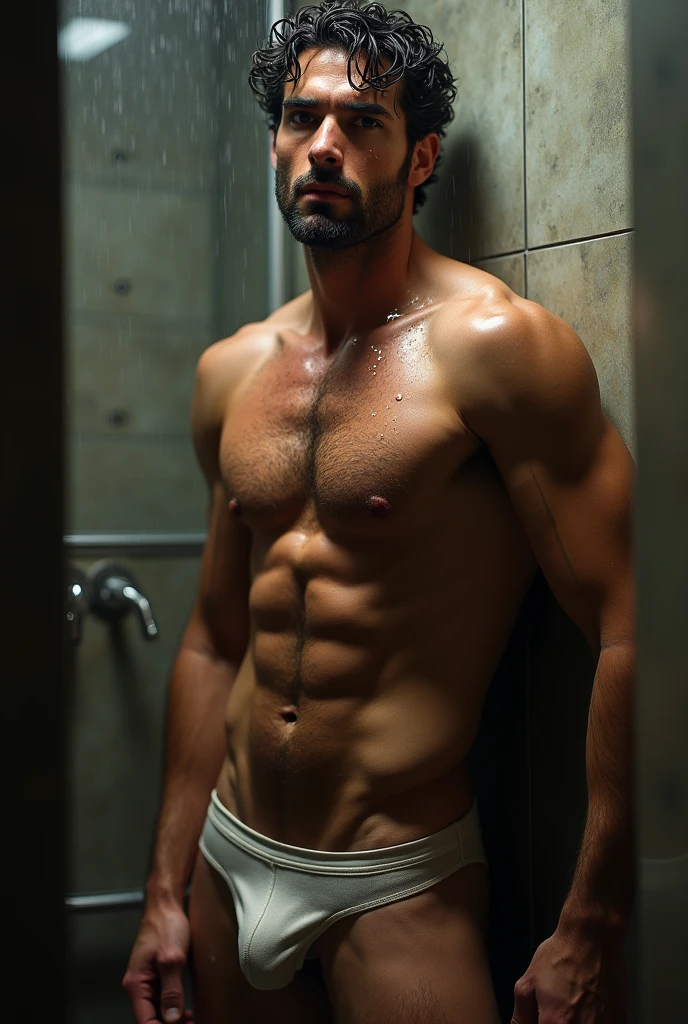 A hot man holding his erect penis, realistic, hairy, cute yet hot, horny, in only a semi transparent underwear, looks like Michele Morrone, very real, toned muscle, standing in shower totally wet and water dripping off his chin, with one hand on the wall with parted lips