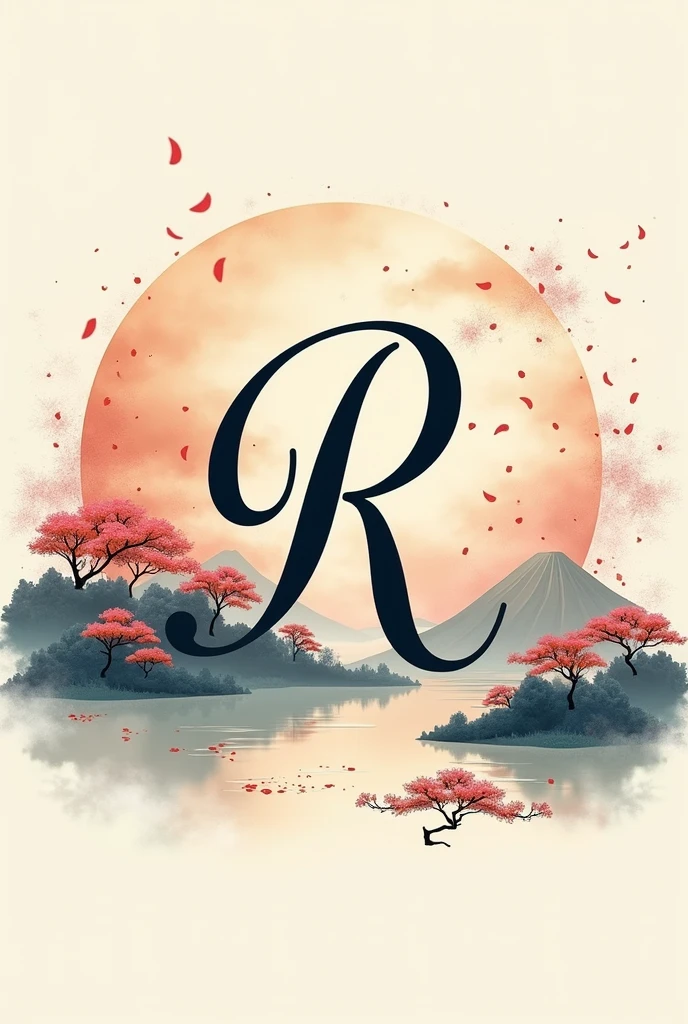 Cursive letter R logo with Japanese style background