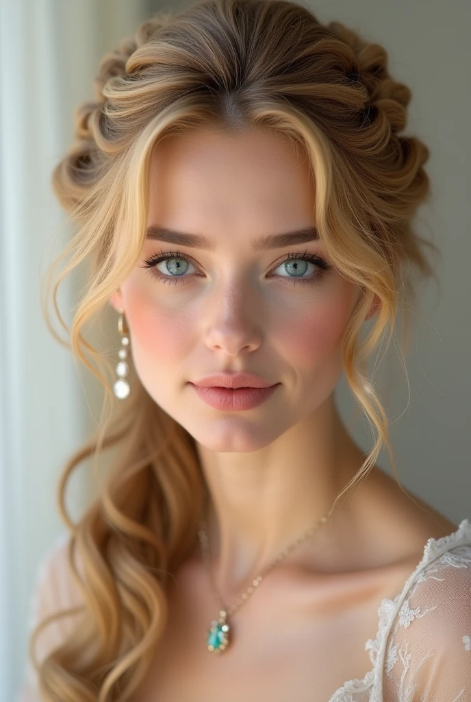 Generate me a beautiful caucasian woman with blonde tight spiral curls in a half up half down hairstyle