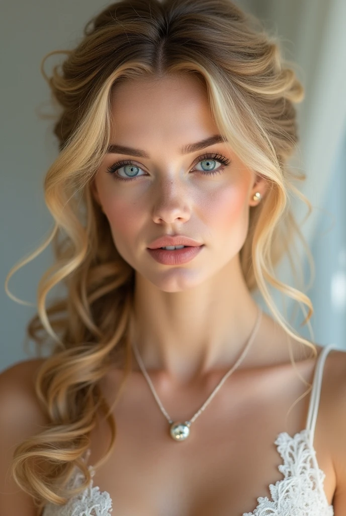 Generate me a beautiful caucasian woman with blonde tight spiral curls in a half up half down hairstyle