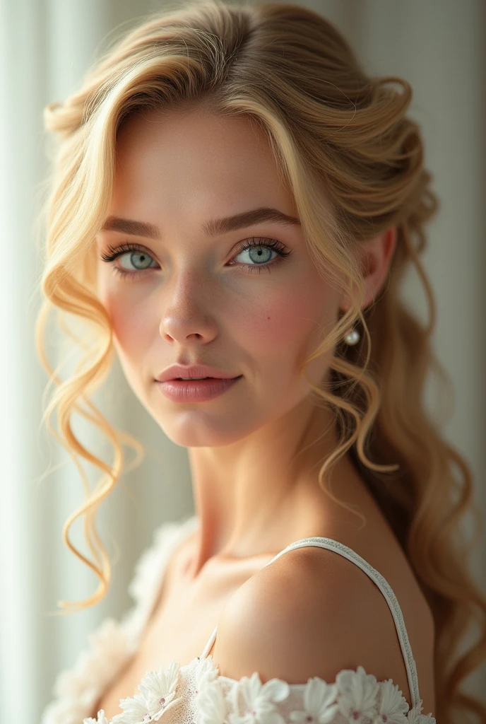 Generate me a beautiful caucasian woman with blonde tight spiral curls in a half up half down hairstyle