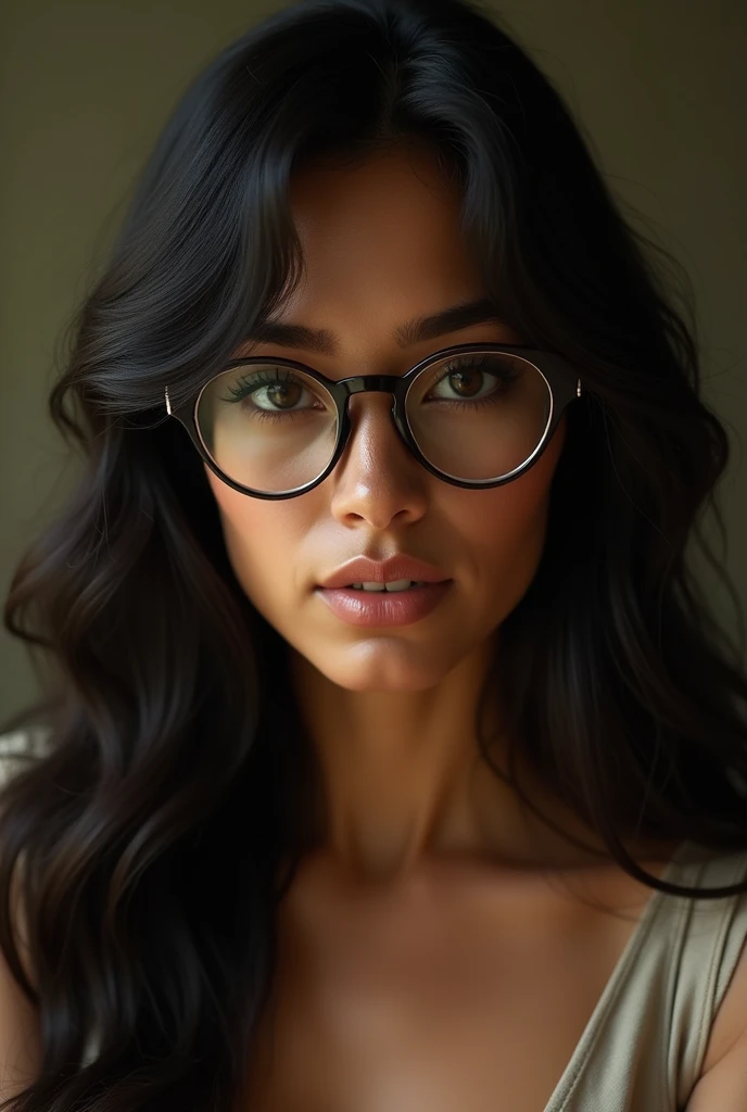 create a long haired brazilian brown woman she wears glasses and bangs staring at the camera
