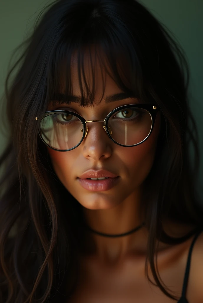 create a long haired brazilian brown woman she wears glasses and bangs staring at the camera
