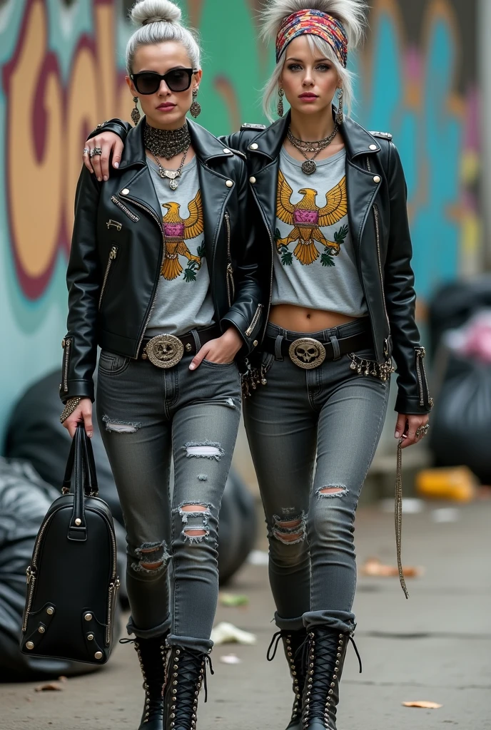 Two russian milf women,  one with the arm over the shoulder of the other. grey hair (one: bouffant, top bun. The other, straight and middle part}and one wearing oversized square sunglasses and wide  colourful bandana as headband), with very light green eyes, extremely pale. Big lips. No tan. Wearing aged black moto jacket (zippers on the side, skull and bones pins).  Both: same old light grey t-shirt with spread wings eagle holding a oak leaves garland logo. Both,, dark skinny low rise grey jeans with holes on knees ( patched with colourful fabric). Both:,  dark grey worn jeans {with holes on knees) tucked in black leather musketeer boots. . Lots of thick wide studded bracelets, chain collars and big rings. Both, high boots. Tacky wide studded leather belt with big skull and bones oval buckle. Long earrings with chains and feathers. Walking with hands in pockets, stretching her neck, craving., Neck, chest, stomach and wrists heavily tattoed. Toned abdominals, thin neck, slim legs and thin arms. Narrow hips and slim legs.  Black leather studded tote bags. Graffitied wall behind, waste on the groun and piled garbage bags around.