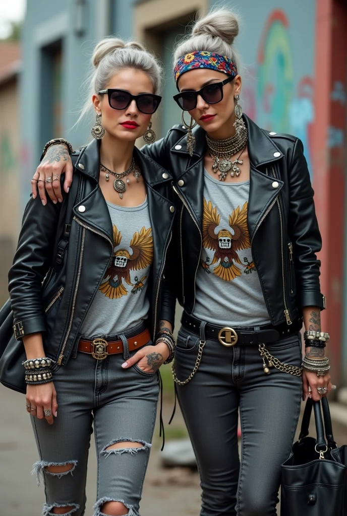 Two russian milf women,  one with the arm over the shoulder of the other. grey hair (one: bouffant, top bun. The other, straight and middle part}and one wearing oversized square sunglasses and wide  colourful bandana as headband), with very light green eyes, extremely pale. Big lips. No tan. Wearing aged black moto jacket (zippers on the side, skull and bones pins).  Both: same old light grey t-shirt with spread wings eagle holding a oak leaves garland logo. Both,, dark skinny low rise grey jeans with holes on knees ( patched with colourful fabric). Both:,  dark grey worn jeans {with holes on knees) tucked in black leather musketeer boots. . Lots of thick wide studded bracelets, chain collars and big rings. Both, high boots. Tacky wide studded leather belt with big skull and bones oval buckle. Long earrings with chains and feathers. Walking with hands in pockets, stretching her neck, craving., Neck, chest, stomach and wrists heavily tattoed. Toned abdominals, thin neck, slim legs and thin arms. Narrow hips and slim legs.  Black leather studded tote bags. Graffitied wall behind, waste on the groun and piled garbage bags around.