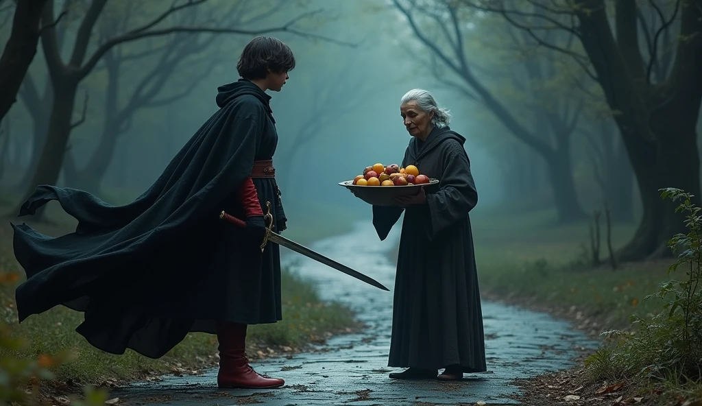teenager with black cape and red shoes and a medieval sword in his hand, in a black forest with a stone road, meeting a scary old woman with a fruit bowl in her hand.