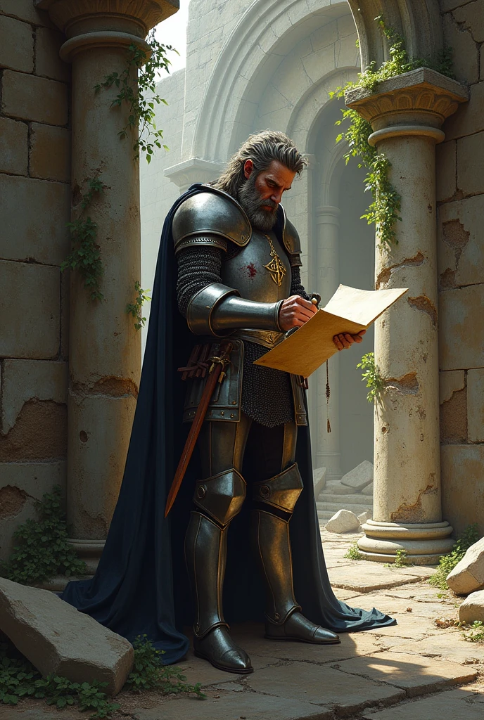 A knight, with arrows through his chest (dying) and leaning against ruins. While writing a letter