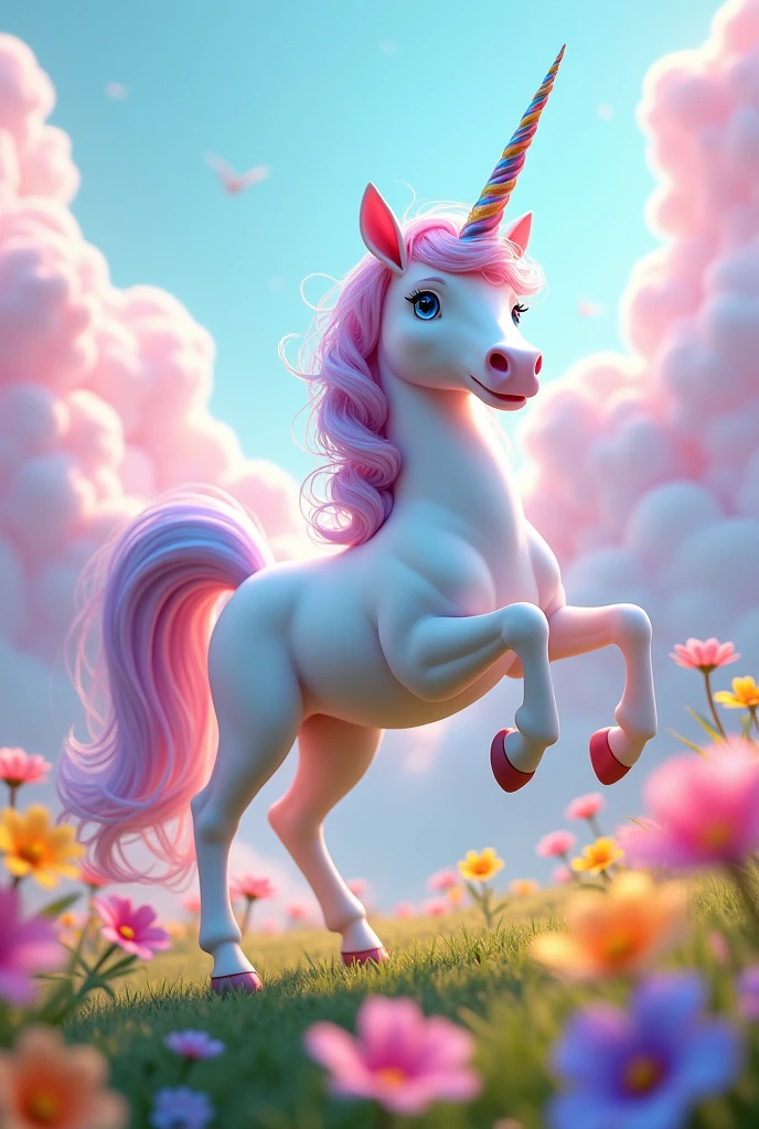 Small detailed white unicorn posing with colorful mane and cute tail with colorful flowers and exaggeratedly detailed background with cotton candy clouds in the sky 