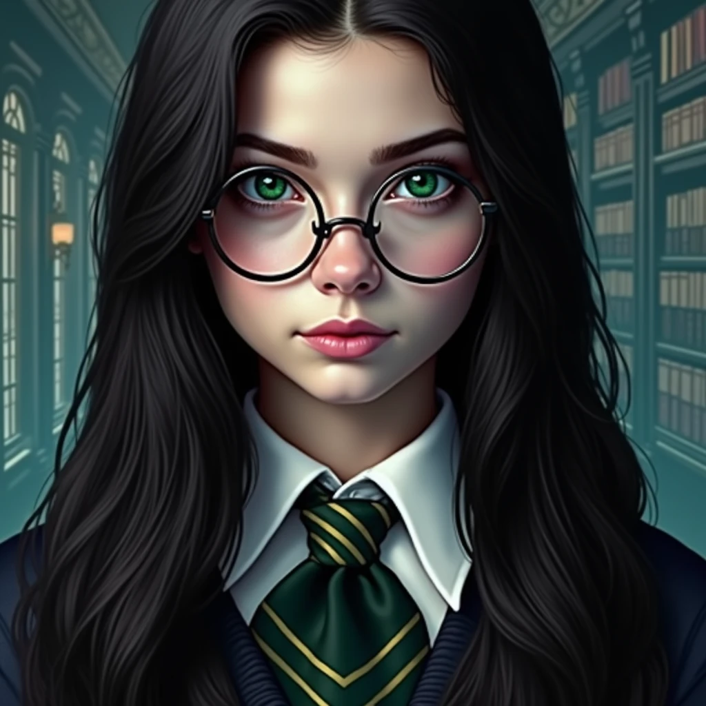 Billie elish long black hair,green eyes ,using round occlusal like harry with hogwarts uniform gryffindor house ,inside a magic library ,realisitic,ultra realistra ,ultra HD ,ultra 8k ,pretty girl , attractive girl , very attractive ,very beautiful , perfect