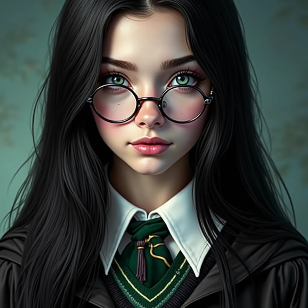 Billie elish long black hair,green eyes ,using round occlusal like harry with hogwarts uniform gryffindor house ,inside a magic library ,realisitic,ultra realistra ,ultra HD ,ultra 8k ,pretty girl , attractive girl , very attractive ,very beautiful , perfect