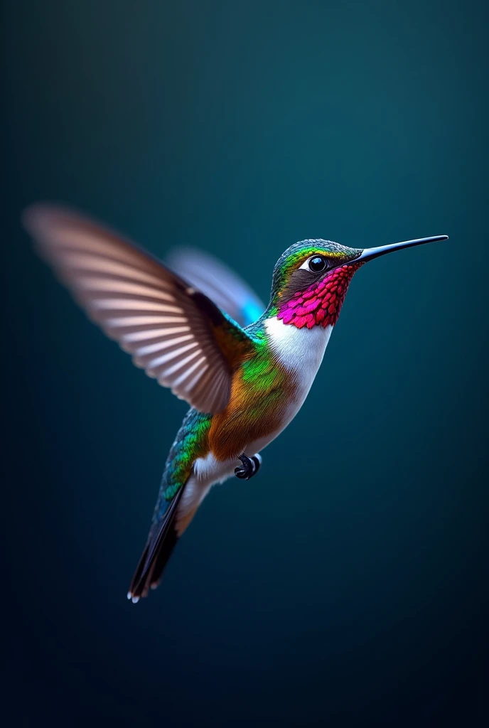 Hummingbird with many colors on a dark blue background