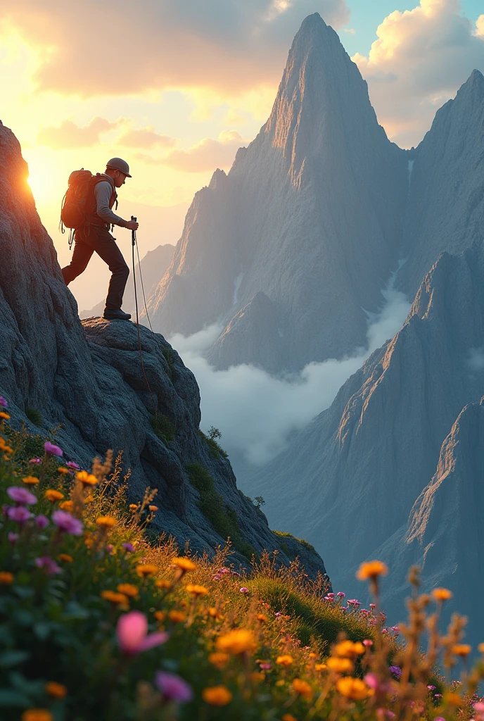 climber ascending a mountain at 3:00pm with vivid colors seen in profile on a mountain meadow