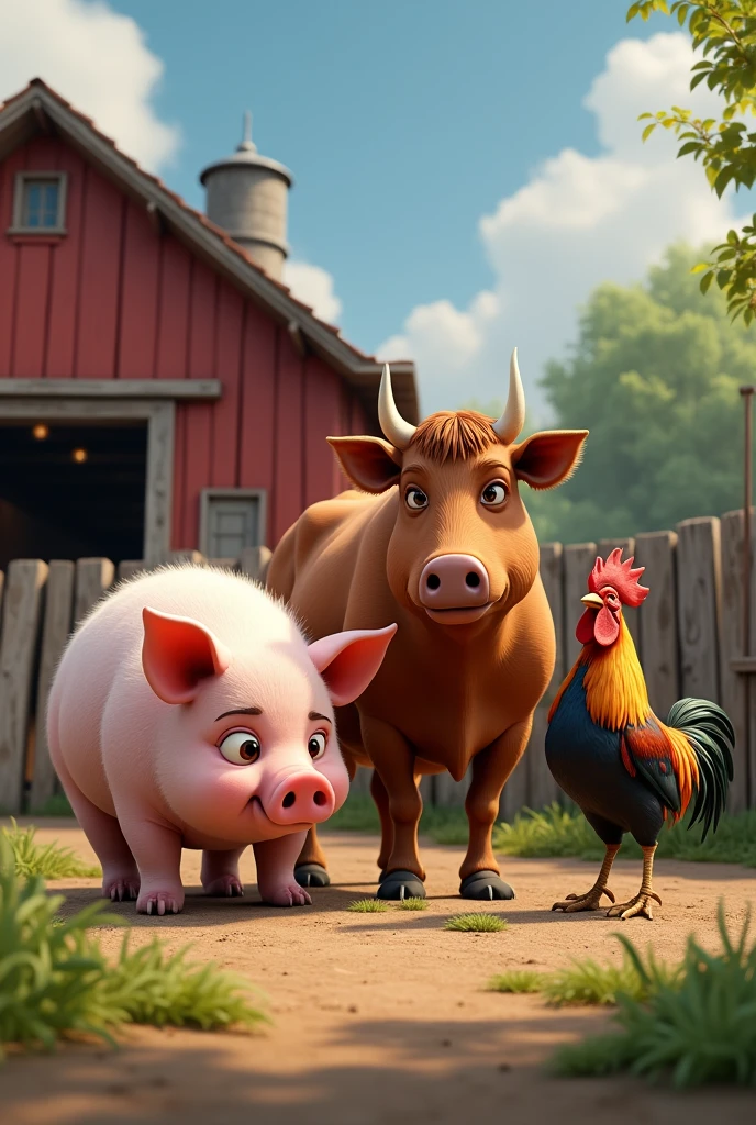 a pig, a cow and a rooster in a farmyard in photorealism