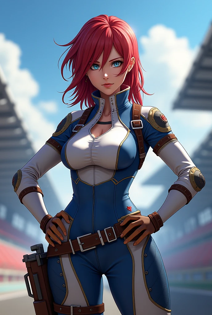 A female huntress set in RWBY. (((straight hair))), (((red and white haired with colors split in middle))), (((pale blue eyes))), long lashes, (((Detailed face))), (((detailed eyes))), ((square chin)), high cheek bones, shallow cheeks, pale skin. Detailed hands and fingers. curvy body, wide hips, narrow waist. Wearing white and blue leather outfit, leather belts. Fantasy. Stern expression. Show her standing with her hands on her hips, looking to the side. automotive racetrack background. Masterpiece quality, best quality, hd,4k, volumetric lighting