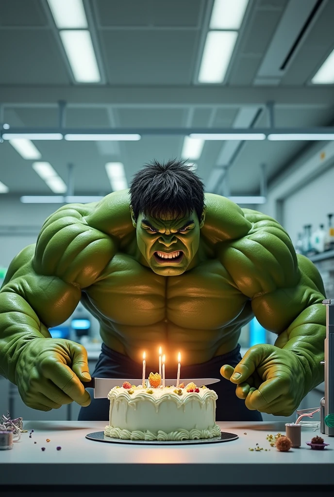 Hulk cutting birthday cake in a labratory