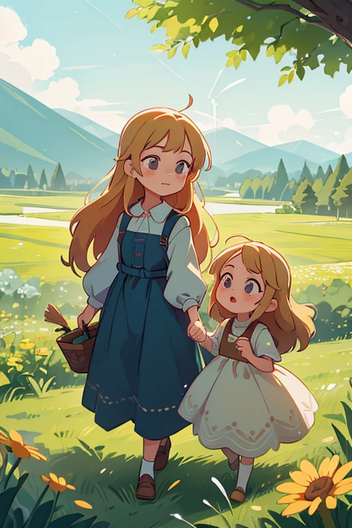 (((Best quality))), illustration, ((beautiful finger)), , красивый body, красивый character design, ,perfect lighting, Two girls, 8 and , with long blond hair, in light dresses of the mid-20th century, walking through a flowering field. The younger one is holding a kite. The bright sun floods the stage, the wind plays with their hair and dresses. Mountains are visible in the distance. Perspective - view from above, A broad perspective.