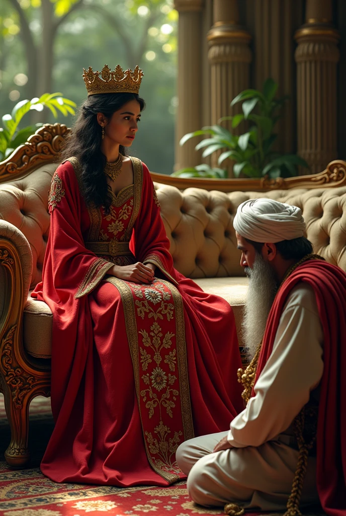 Make the queen of Persia with a red dress and her crown sitting on a sofa and an officer with a white beard and a white turban at her feet crying, add a garden in the background