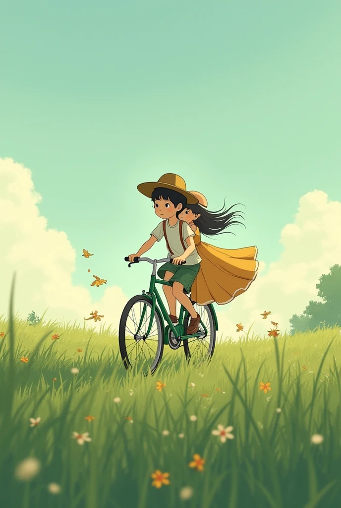  Similar to the movie style of My Neighbor Totoro， A boy wearing a hat riding a bicycle carrying a girl in a long skirt，Long skirt flowing in the wind。The elves are flying in the grass。