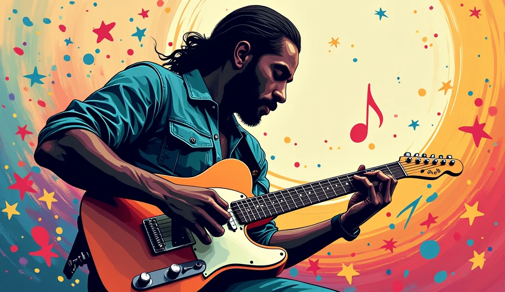 Draw a music festival poster,Playing blues guitar,Musical note elements