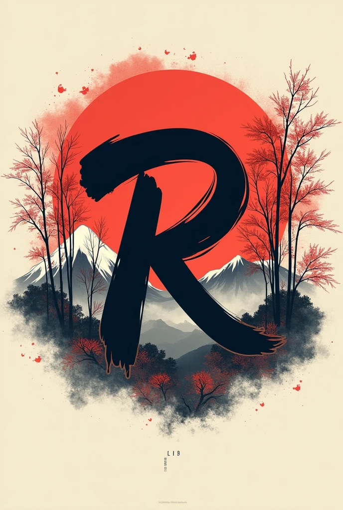 Cursive letter R logo with samurai style background