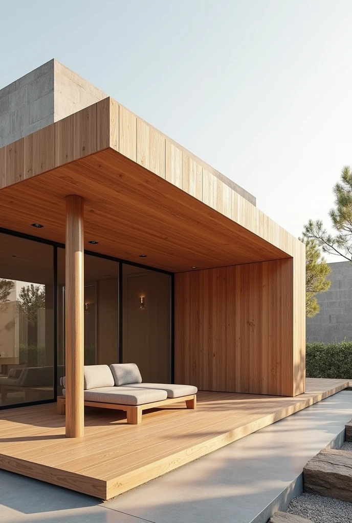 Create a visually striking Instagram post image featuring a modern roof design e of rich, natural wood. The wooden roof should be the central element of the image, showcasing its craftsmanship and texture. Incorporate the brand name 'Madetech's' into the scene, either as an elegant logo on the roof itself or as a subtle yet noticeable text overlay. The design should be clean, modern, and sophisticated, ideal for grabbing attention on social media.