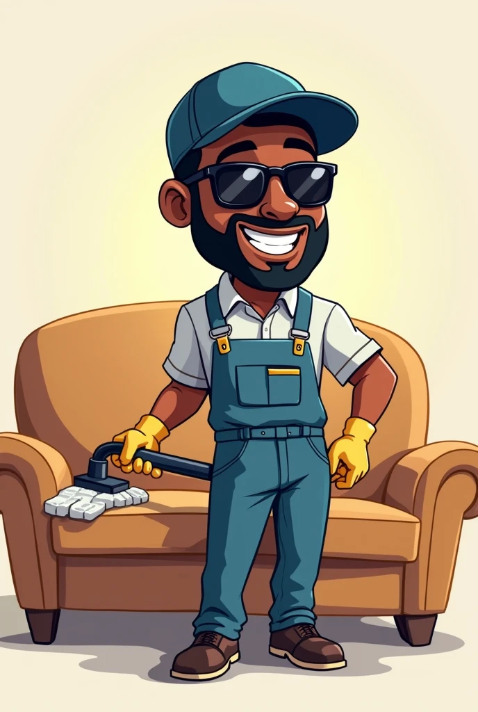 A CARTOON OF A DARK-SKINNED MAN CLEANING TECHNICIAN WITH SUNGLASSES, A BEARD, A CAP AND A GLOVE CLEANING ON THE SOFA SHOWING A TRUSTWORTHY PERSONALITY WITH NO BACKGROUND IN THE IMAGE