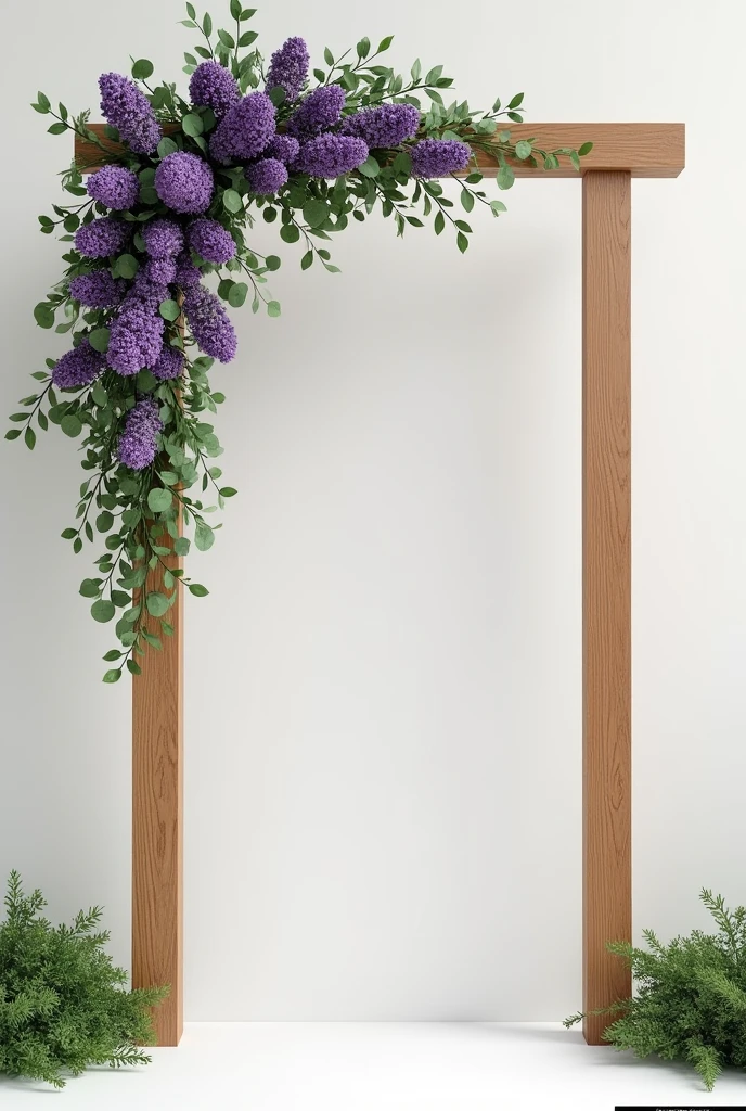 want an image of a wooden bridal arch that is straight not curved and that has purple flowers with green leaves on both corners.