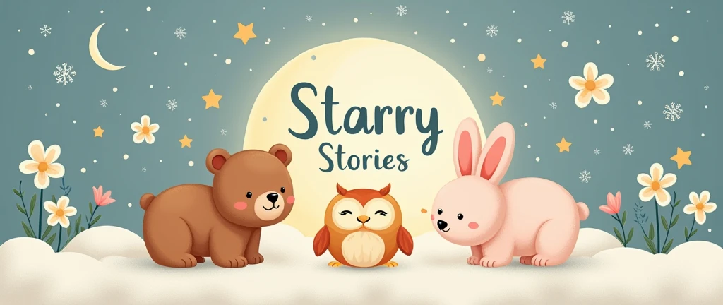 Create a banner for a YouTube channel specializing in the theme of bedtime stories in style The channel will post cute, kind, instructive and soothing stories for babies with a quality video accompaniment of animated illustrations in a cute style. It should warm and pleasant associations with a wonderful childhood. Channel name - Starry Stories