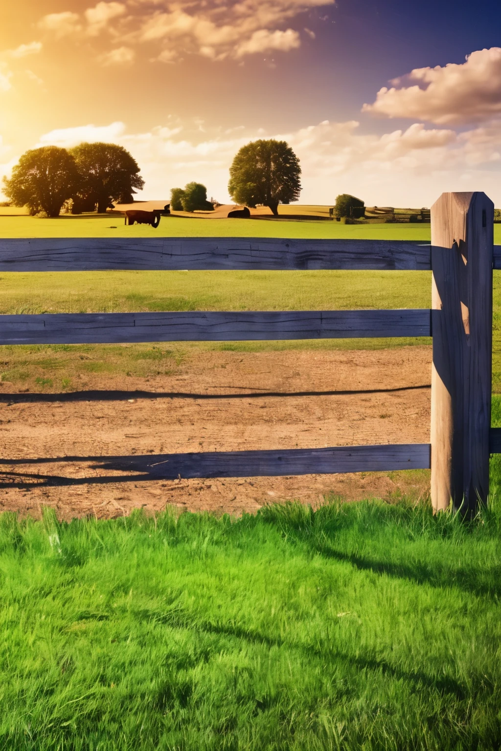 wooden fence close up, animal farm in the background with a large celery, Clear skies with some clouds