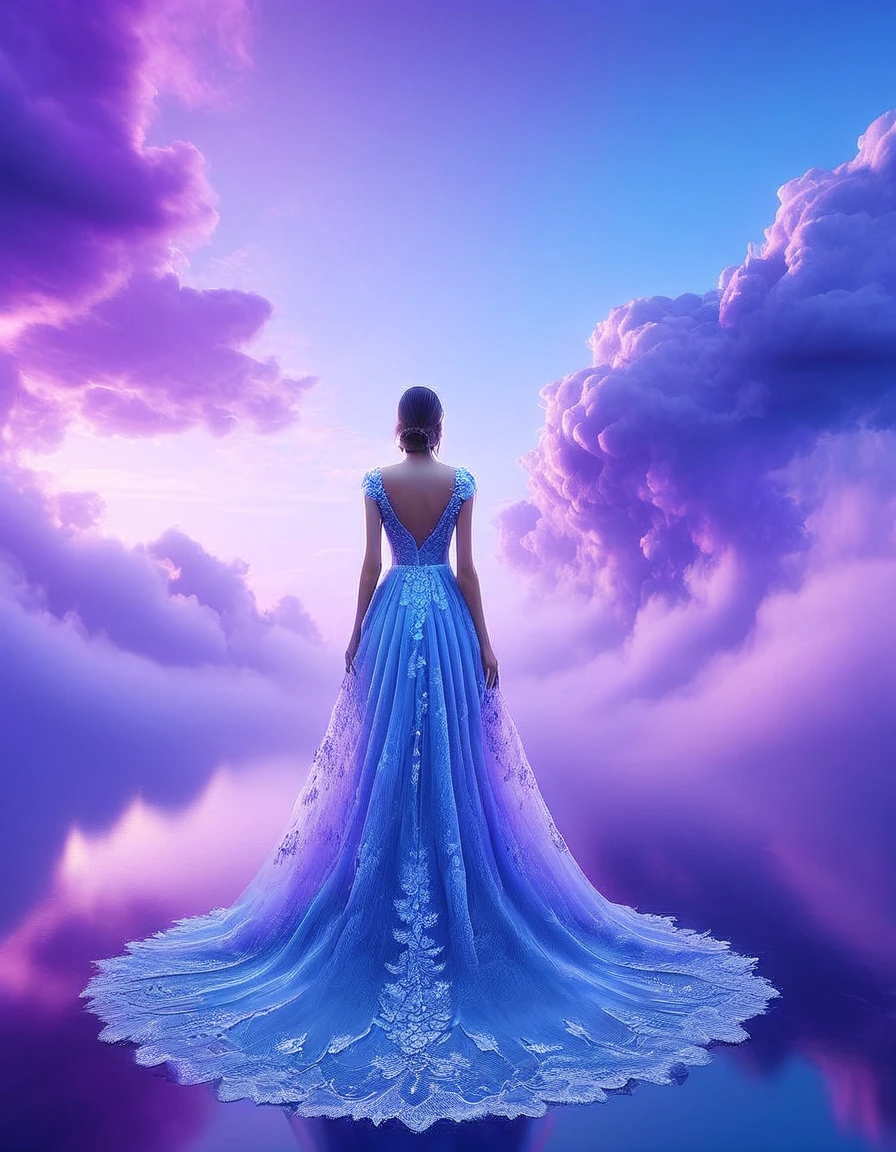 Tyndall phenomenon,Best quality,super detailed, valid,professional,Blue lace wedding dress,on a girl in full growth, Lots of lace,Rows of violet rays, cloud,fog,stands with his back to the viewer,White minimalist,partial reflection,Desktop wallpaper, 8 K,12K,