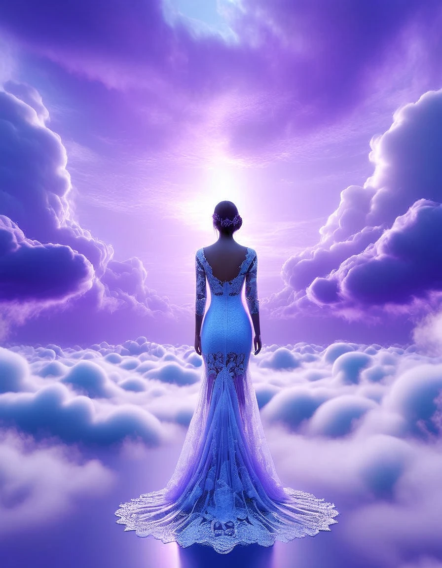 Tyndall phenomenon,Best quality,super detailed, valid,professional,Blue lace wedding dress,on a girl in full growth, Lots of lace,Rows of violet rays, cloud,fog,stands with his back to the viewer,White minimalist,partial reflection,Desktop wallpaper, 8 K,12K,