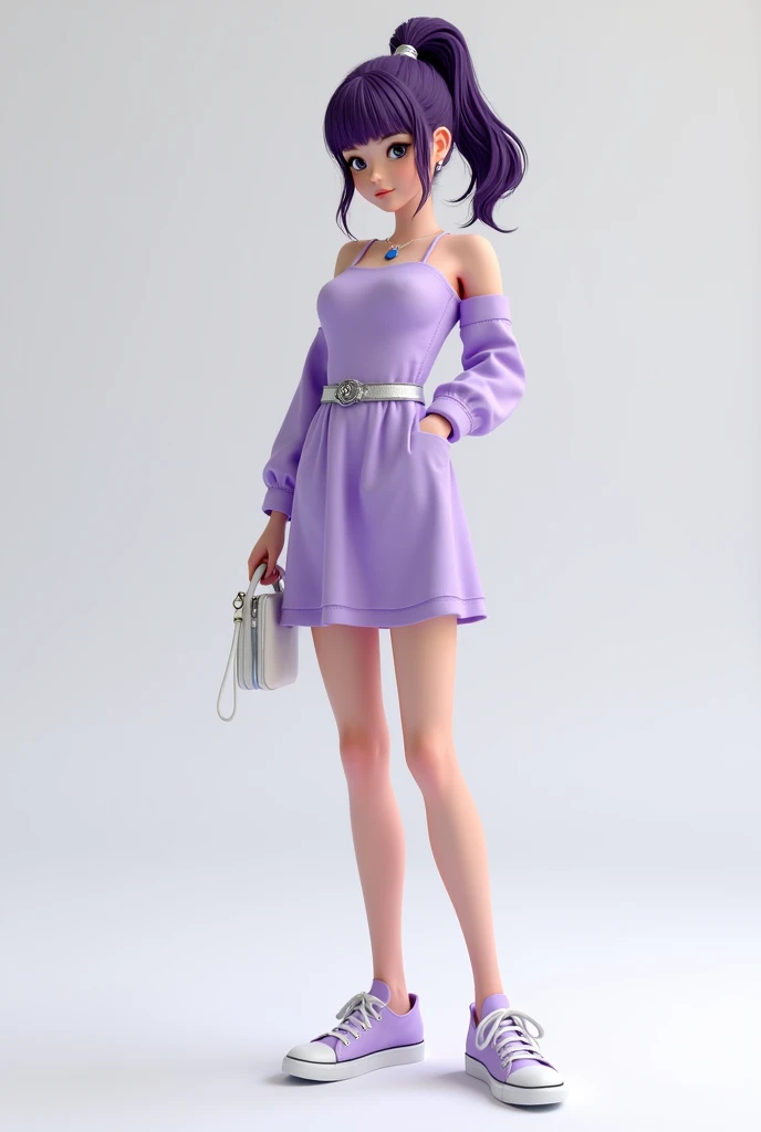 C4D model, a girl, in a lavender dress, with a silver belt, dark purple hair styled in a high ponytail, holding a white clutch bag, and wearing lavender sneakers with white laces.