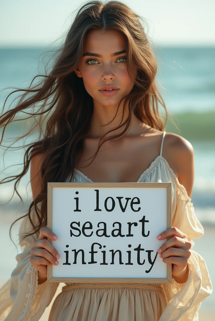 Beautiful girl with wavy long hair, bohemian dress, holding a white board with text "I Love Seaart Infinity" and showing it to the viewer
