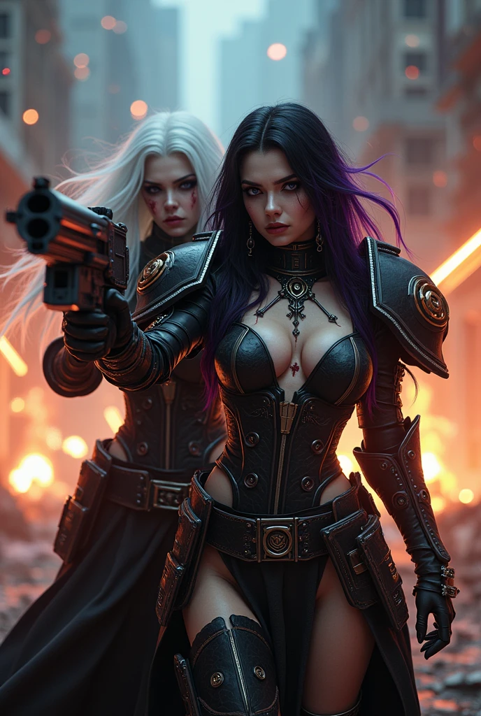 Full body pose sexy sisters of battle from the warhammer 40k, wounded in war, blood covered, shooting at the enemy, red space marine armor with intricate details, white space marine armor with intricate details, symbols on the armor, sisters of battle, warhammer 40k, Massive exposed silicone breast, pale skin, seductive, temptation, eat your soul, clevage, long white flowing hair, long black flowing hair with purple highlights, heavy gothic makeup, at night, neon, beautiful detailed eyes, beautiful detailed lips, extremely detailed eyes and face, long eyelashes, highly detailed space marine armor, intricate futuristic laser weaponry, dramatic lighting, cinematic composition, muted color palette, gritty and realistic, mecha, science fiction, hyper-detailed, photorealistic, award winning digital art, 8k, HDR, masters work, in the middle of a battle field, explosions and fire around, full war, stunning, cinematic, shooting at the enemy