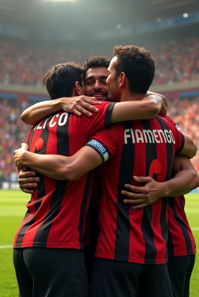 Zico, Adriano, gabigol, Romario, savio, gabigol, peter, arrascaeta, Gerson and Renato Abreu hugging each other wearing the Flamengo football team shirt